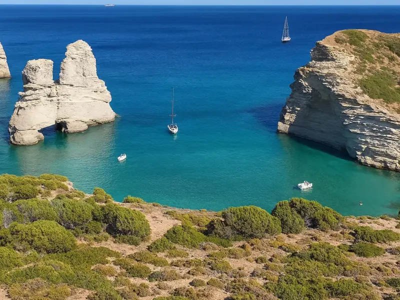 Griechische Inselküste mit weißen Häusern am Meer
